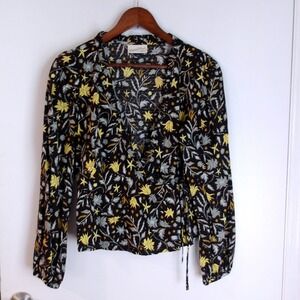 Universal Thread Floral Wrap Blouse Long Sleeve Black Yellow‎ Size S /#6216
